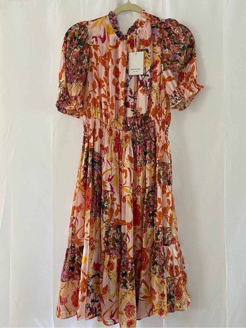 Smocked Waist Floral Midi Dress in Pink and Orange